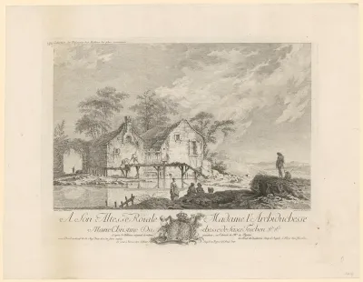 Landschap met figuren bij huizen en een poort aan een oever