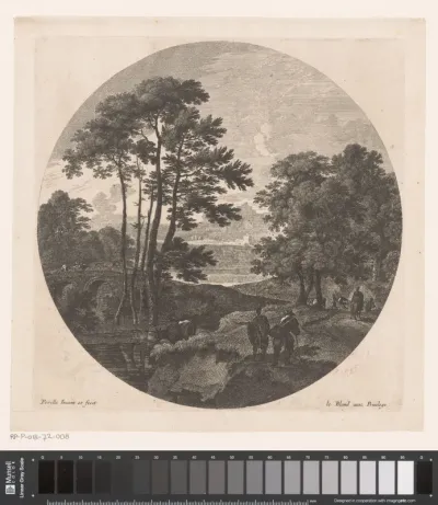 Landschap met figuren bij stenen brug
