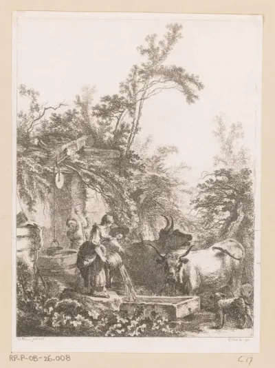 Landschap met figuren die hun vee laten drinken bij een waterput