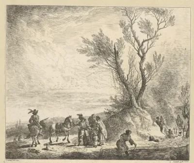 Landschap met figuren die koken bij de oever van een rivier