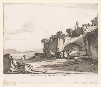 Landschap met figuren drinkend bij fontein