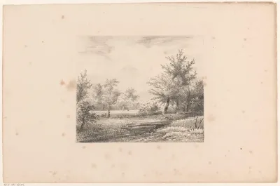Landschap met figuren en boerderij