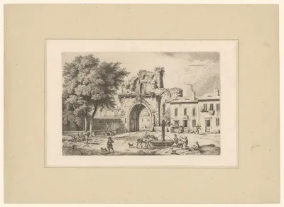 Landschap met figuren en de ruïne van een stadspoort