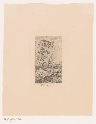 Landschap met figuren en een hek