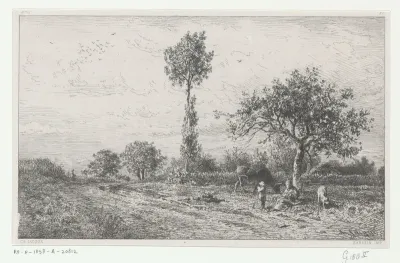 Landschap met figuren en een koe langs een pad