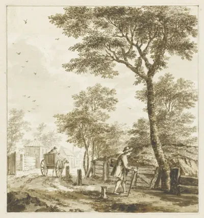 Landschap met figuren en een paard en wagen