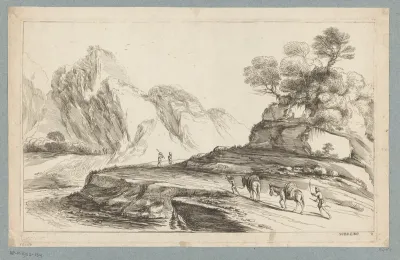 Landschap met figuren en muilezels