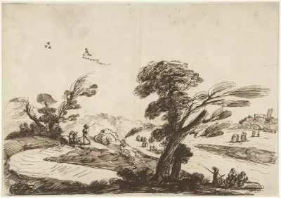 Landschap met figuren en op de voorgrond een grote wilg