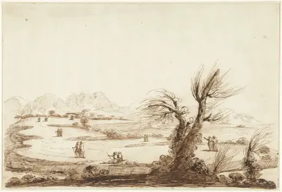 Landschap met figuren en op de voorgrond een kale wilg