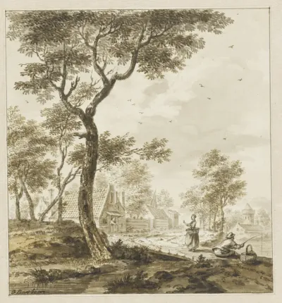Landschap met figuren en rechts een hengelaar