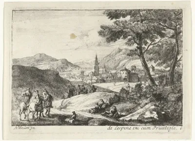 Landschap met figuren en stad