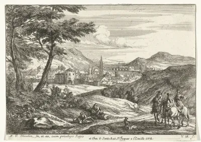 Landschap met figuren en stad