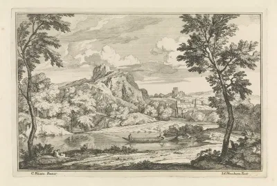 Landschap met figuren in een sloep