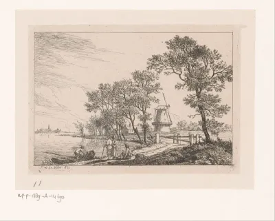 Landschap met figuren langs een oever en een windmolen