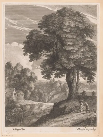 Landschap met figuren langs een pad bij een boom