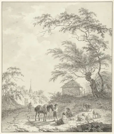 Landschap met figuren langs een weg