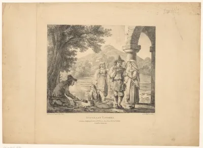 Landschap met figuren met pannen rondom een vuur