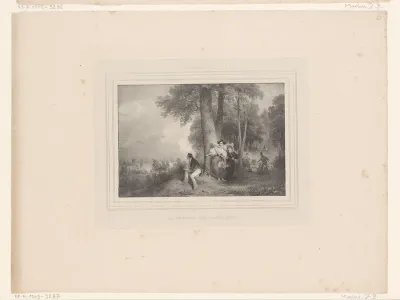 Landschap met figuren op een heuvel in een bos