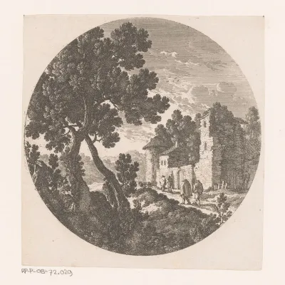 Landschap met figuren op een pad bij ruïne