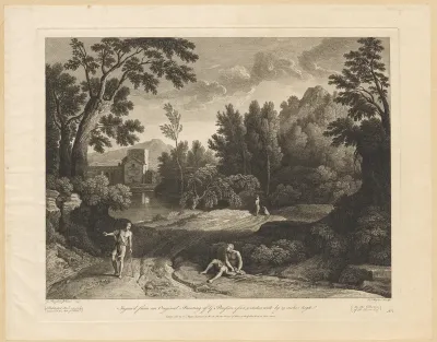 Landschap met figuren op een pad langs een meer