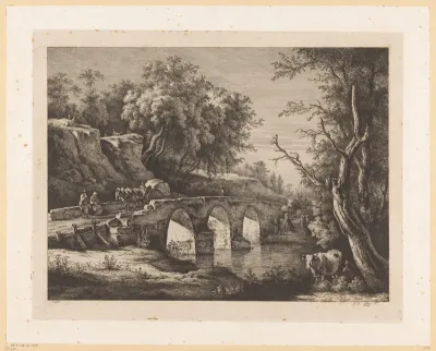 Landschap met figuren op een stenen brug