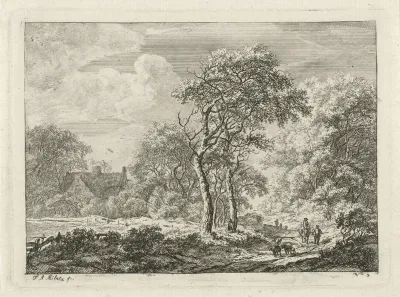 Landschap met figuren op een weg