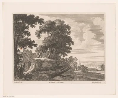 Landschap met figuren op heuvel met bomen