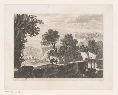 Landschap met figuren op houten brug