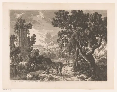 Landschap met figuren op landweg bij ruïnes