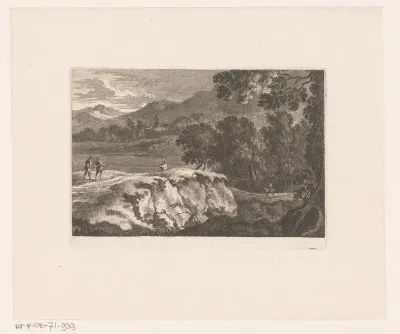Landschap met figuren op pad langs meer