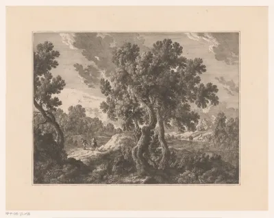 Landschap met figuren op pad langs rivier
