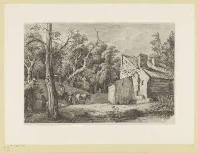 Landschap met figuren voor een huis aan de rand van een bos