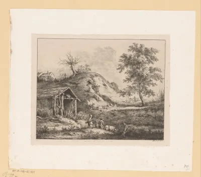 Landschap met figuren voor een hut