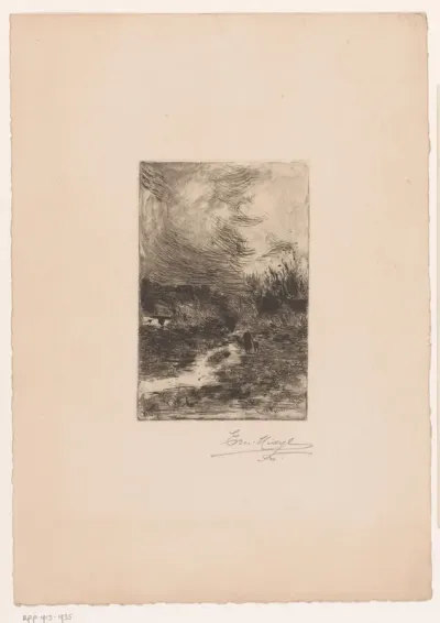 Landschap met figuur en kind lopend door een storm