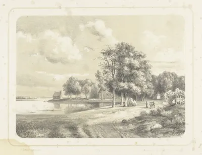 Landschap met figuur en paard en wagen