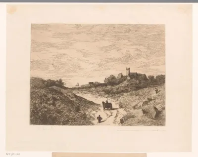 Landschap met figuur en rijtuig op een weg richting een water