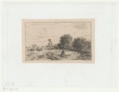 Landschap met figuur in het water bij een roeiboot
