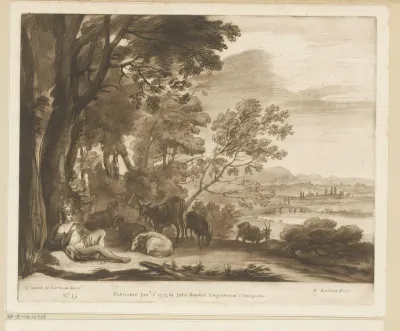Landschap met fluitspelende herder onder boom en zes stuks vee