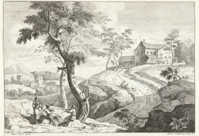 Landschap met fluitspelers bij boom