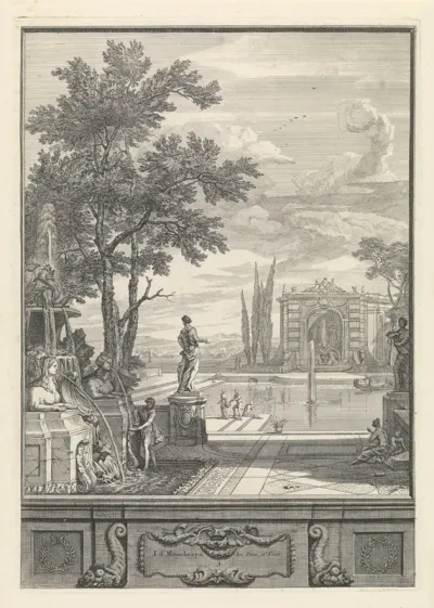 Landschap met fontein en vijver