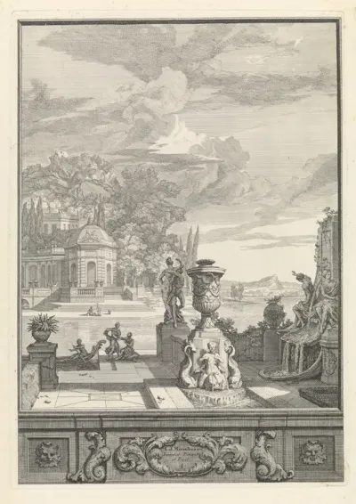 Landschap met fonteinen en een paleis