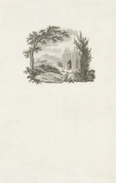 Landschap met fossiel, ploegende boer en harpspelende putto