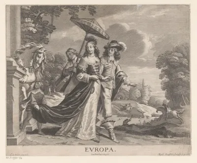 Landschap met galante heer en dame met hun bedienden, op de achtergrond een jachttafereel