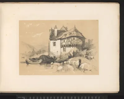 Landschap met gebouw aan de Rijn