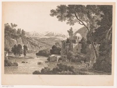 Landschap met gebouw met koepel