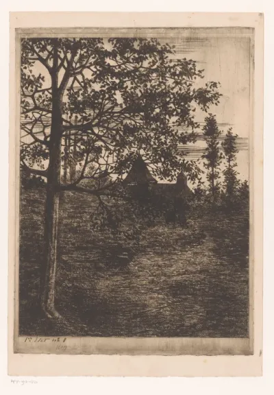 Landschap met gebouw verscholen achter bebossing