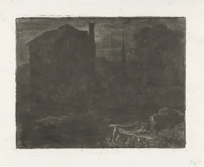 Landschap met gebouwen bij nacht