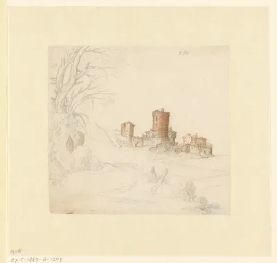 Landschap met gebouwen en een toren