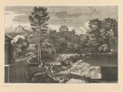 Landschap met gebouwen en twee figuren op een brug