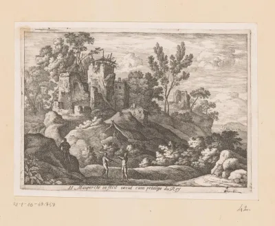 Landschap met gebouwen op een heuvel